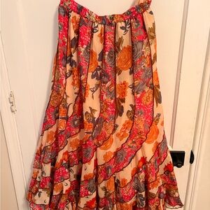Floral Tiered Maxi Skirt - Beige with Orange & Pink Floral